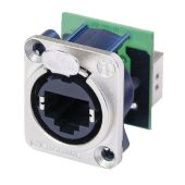 Neutrik Ethercon D-size Feedthrough receptacle in D-sized metal flange with the secure latching system. Nickel