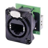 Neutrik Ethercon D-size Feedthrough receptacle in D-sized black chrome metal flange with the secure latching system. Black