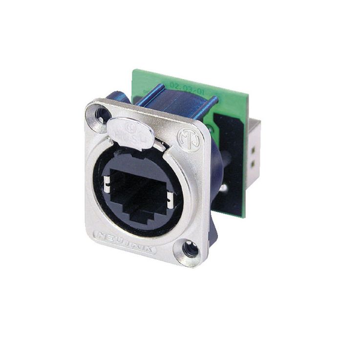 Neutrik Ethercon D-size Feedthrough receptacle in D-sized metal flange with the secure latching system. Nickel