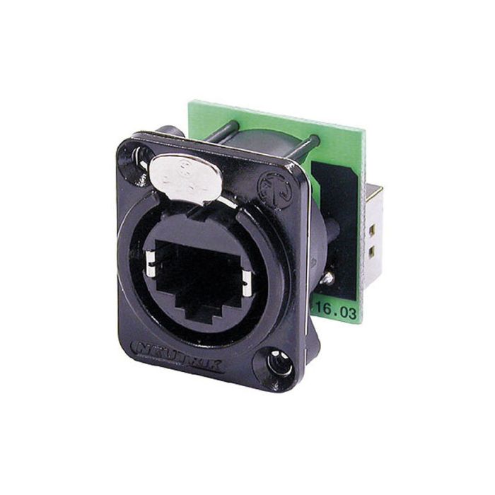 Neutrik Ethercon D-size Feedthrough receptacle in D-sized black chrome metal flange with the secure latching system. Black