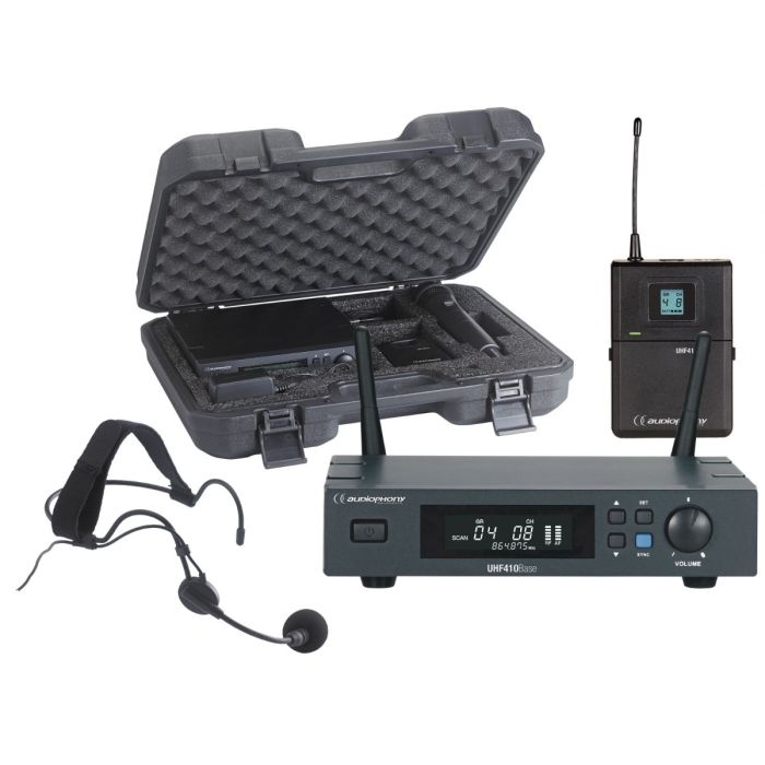 Audiophony PACK-UHF410-Head-F5 Set met UHF True Diversity ontvanger, bodypack zender, hoofdband microfoon en transportkoffer - 500MHz